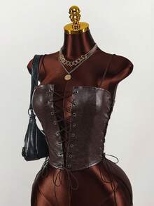 Amplova Party Girl Textured PU Hollow Strap Women Tank Top - Brown - View 3