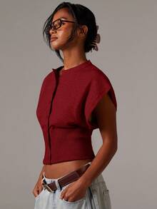 Athîral 女士纯色修身短款针织开衫背心，前扣设计，秋冬装 - 紅色 - 查看 6