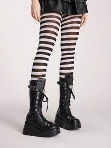 ROMWE Grunge Punk 1pc Asymmetric Sexy Stockings/Pantyhose/Leggings For Women - Black White - View 5