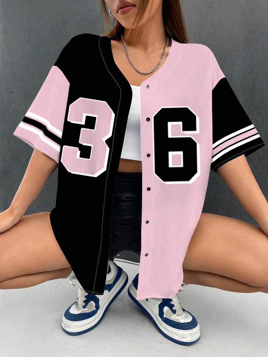 SHEIN EZwear 女士宽松前开短袖衬衫棒球夹克，适合夏季 - 黑色 - 查看 1