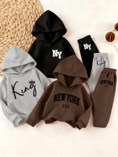 SHEIN Playful Pals 秋季男婴休闲时尚创意字母印花连帽卫衣和运动裤两件套，保暖舒适，个性化套装，适合秋季穿着