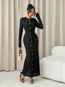 SHEIN PETITE Black Textured Fabric Button Decor Back Slit Long Sleeve Elegant Long Dress For Women,For Summer Vacation,Women Summer Clothing ,Petite Women - Black - View 4