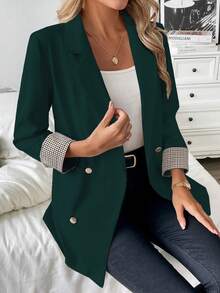 Franclia 法式格纹袖口微修身通勤休闲夏季西装外套 - 墨綠色 - 查看 5