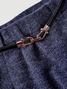 SHEIN MOD Rok A-Line Bahan Fleece Rajut dengan Sabuk Logam Pinggang Tinggi, Musim Gugur/Dingin - Navy Blue - View 3