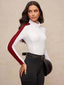 Activina Women's Contrast Color Minimalist Equestrian Long Sleeve Top - White - View 7