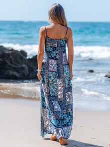 Sylviya Women Summer Holiday Loose Peasent Print Spaghetti Strap Dress