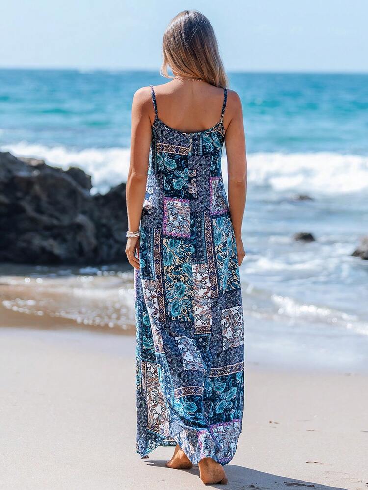 Women Summer Holiday Loose Peasent Print Spaghetti Strap Dress
