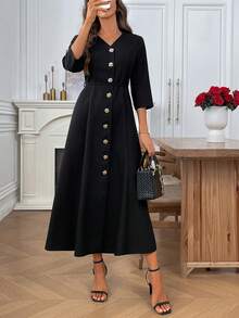 EMERY ROSE Vestido maxi elegante de mujer con cuello en V, manga raglán y botones frontales en unicolor - Negro - Ver 5