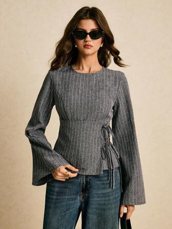 Poéselle Women's Graphic Print Round Neck Tie Front Long Sleeve Top