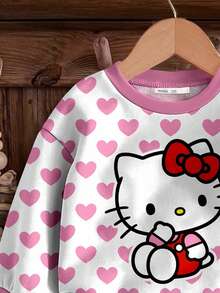 SHEIN Hello Kitty and Friends | Modeflare Wear 可爱女孩粉色波尔卡圆点心形休闲宽松柔软针织圆领套头衫，适合上学、社交、睡前、女婴 - 彩色 - 查看 5