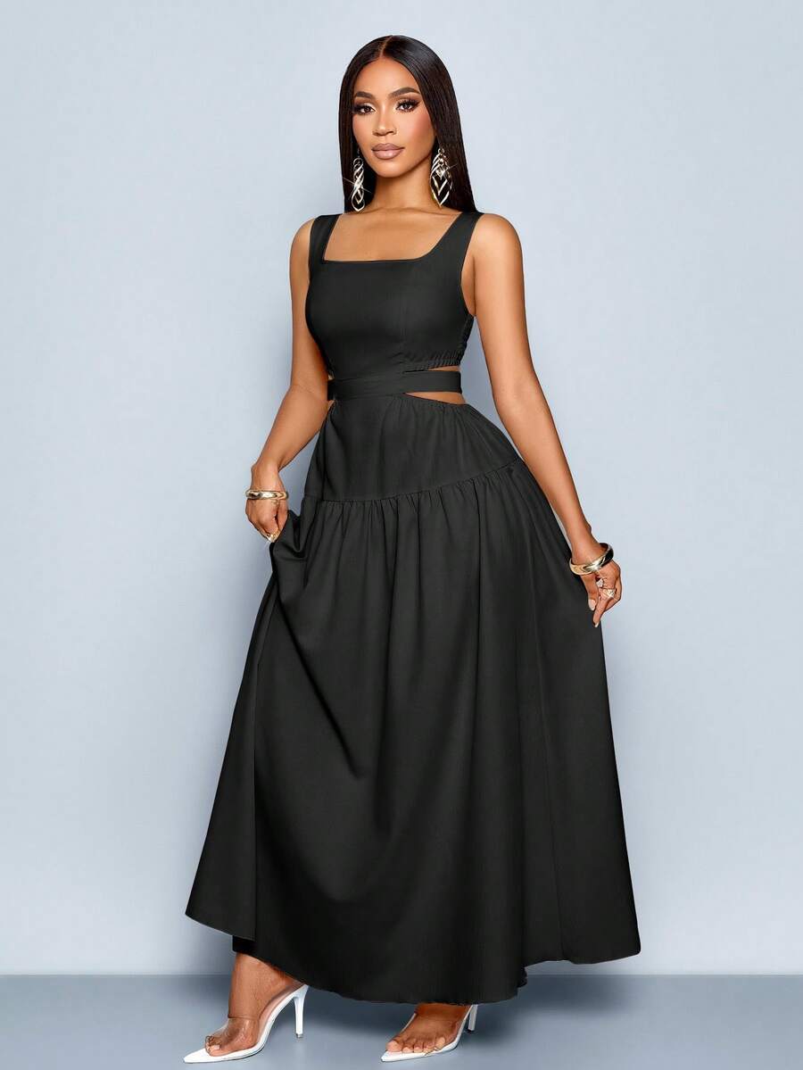 SOLERSUN 女士优雅方领腰部镂空系带后褶露背 A 字裙，适合夏威夷、女士夏季连衣裙、茶会礼服、白色毕业长裙 - 黑色 - 查看 1