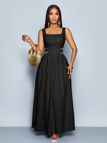 SOLERSUN 女士优雅方领腰部镂空系带后褶露背 A 字裙，适合夏威夷、女士夏季连衣裙、茶会礼服、白色毕业长裙 - 黑色 - 查看 6