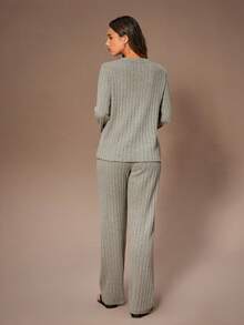 Lazeform 女士休闲星形刺绣针织圆领长袖上衣和裤子睡衣套装，冬季服装 - 卡其色 - 查看 2