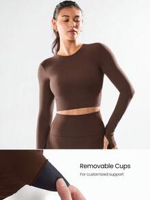 GLOWMODE FeatherFit™ Criss Cross Backless Cropped Sports Long Sleeve Tee Low Impact Yoga Pilates Daily - 巧克力棕 - 查看 2