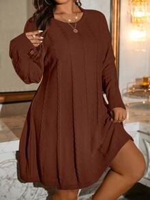 SHEIN LUNE Abito casual lavorato a maglia con motivo a trecce, scollo tondo, maniche lunghe, adatto per autunno/inverno, taglie comode - Caffè Marrone - Visualizzare 6