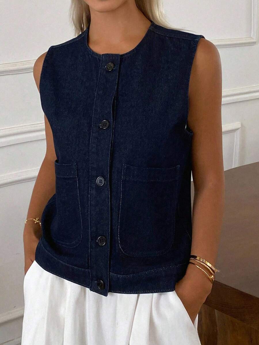 Livesso 女士夏季圆领无袖休闲牛仔夹克