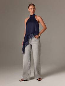 AiiRZ 高领露背上衣，蕾丝下摆，缎面无袖衬衫，适合休闲晚装 - 藏蓝色 - 查看 3