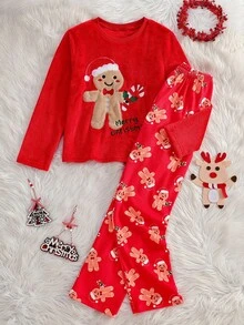 2件套少女红色雪人印花休闲舒适长裤和长袖睡衣套装 - 紅色 - 查看 1