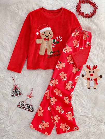 2件套少女红色雪人印花休闲舒适长裤和长袖睡衣套装