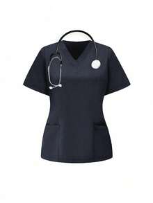 TaskEZ Conjunto de uniformes médicos: Parte superior de cuello en V de manga corta y pantalones para trabajadores de la salud - Gris Oscuro - Ver 3