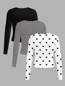 3件套黑白系列，白色，黑白条纹，黑色，青少年女孩修身休闲简约心形图案圆领长袖短款T恤套装，适合秋冬季 - 彩色 - 查看 2