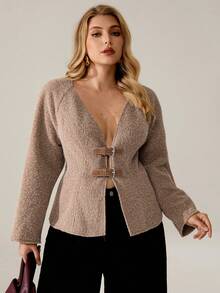 Auralis Plus Size Women's Autumn And Winter Elegant And Comfortable Daily Khaki Belt Buckle V-Neck Jacket,Fall,Winter Coats,Y2k,Women's Winter Fall/Winter - Khaki - View 11