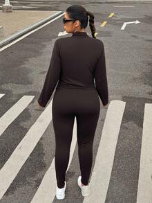 SHEIN EZwear Bộ đồ tập yoga 3 món cỡ lớn màu đen: Áo vest, áo khoác và quần, co giãn và nhẹ - màu nâu - Xem 2