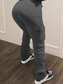 INAWLY 女士纯色性感抽绳休闲运动裤 - 深灰色 - 查看 2