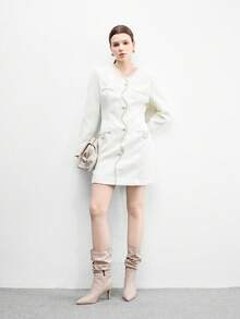 CUCCOO BIZCHIC 尖头细高跟卡其色时尚一脚蹬褶皱绒面革中筒靴女款 - 卡其色 - 查看 10