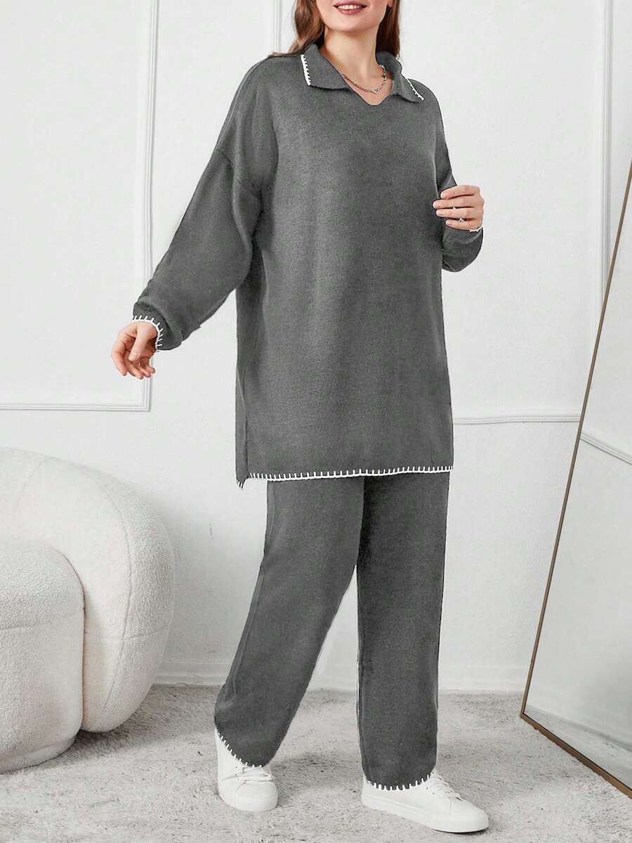 EURMUSE 精致黑白加大码毛衣套装 - 灰色 - 查看 1