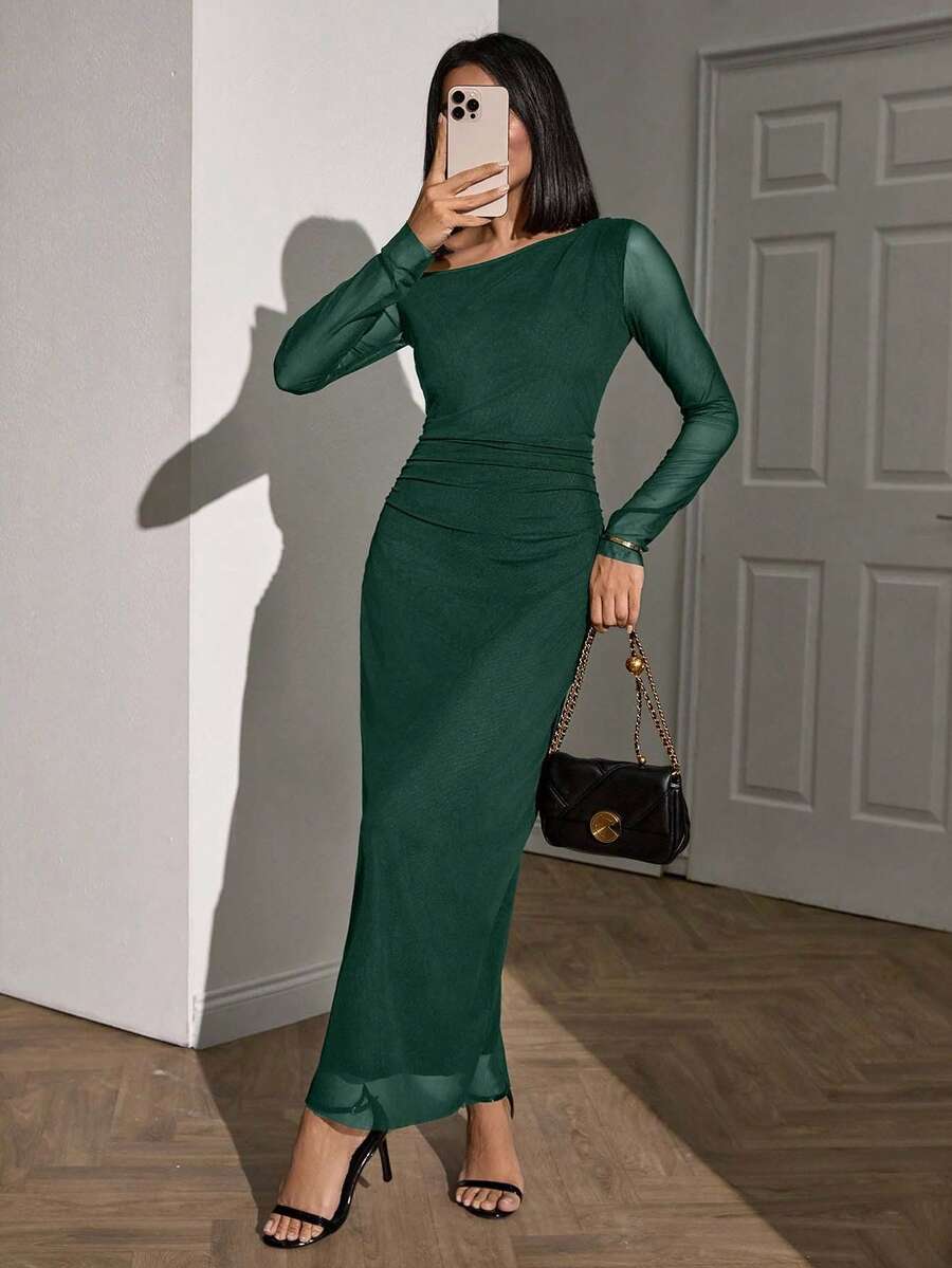EURMUSE Women Solid Color Sheer Long Sleeve Detailed Dress - Dark Green - View 1