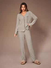 Lazeform Women's Grey V-Neck Ruffle Trim English Embroidered Soft Brushed Ribbed Knit Long Sleeve Top And Pants, Sweet Casual Outerwear & Homewear 2 Pieces Pajama Set, Winter Clothes - Grey - View 6
