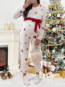 SHEIN Maternity Casual Star Print Jumpsuit, Autumn - Multicolor - View 4