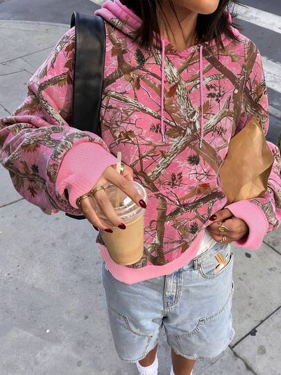 Rovax Sudadera de mujer con estampado de camuflaje rosa y ramas