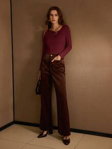 MOTF PREMIUM ASYMMETRIC COLLAR FITTED T-SHIRT, AUTUMN/WINTER - Burgundy - View 5