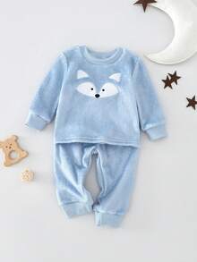 2pcs Fox Embroidery Fleece Thickened Casual Sleepwear Set, Long Sleeve Top And Pants, Suitable For Toddler Boys In Autumn/Winter Toddler Sets Baby Pajama Sets Cozy Pixies Baby Boys Set Baby Boy Winter Sets Baby Pj Set - Light Grey - View 4