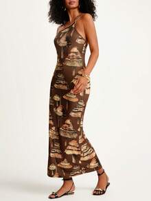 CAJUNI Women's Casual Vacation Asymmetric Mushroom Print Dress, Suitable For Dates, Boho Style, Brown Dress Brown Dress, One Shoulder Dresses, Brown Bodycon Dress, Brown Dress Women - Coffee - View 7