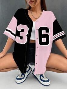 SHEIN EZwear 女士宽松前开短袖衬衫棒球夹克，适合夏季 - 黑色 - 查看 3