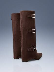 CUCCOO GRLICON 女式流苏尖头粗跟绒面西部靴，修身高筒靴，适合万圣节、圣诞节、派对、Y2K、朋克、机车风格 - 咖啡棕 - 查看 3