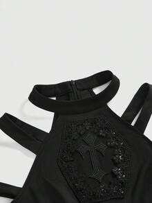 ROMWE Gothic Cross Hollow Embroidered Lace Patchwork Off-Shoulder Women Dress - Black - View 3