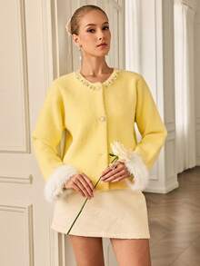 Chiquease 女士圆领时尚装饰开衫，黄色 - 黃色 - 查看 4