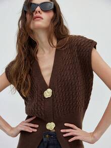 Aveloria Modichic Áo len cardigan dệt kim cổ chữ V phía trước và viền xẻ tà phong cách Châu Âu & Mỹ thanh lịch cho quý cô thoải mái thanh lịch không đối xứng - Cà phê nâu - Xem 4