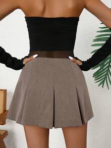 SHEIN Unity Women's Solid Color Pleated A-Line Skirt, Casual & Versatile - Khaki - View 2