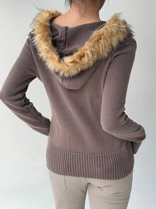 Aloruh 少女秋冬新款针织开衫，麻花针织拼布长袖棕色毛衣 - 棕色 - 查看 8