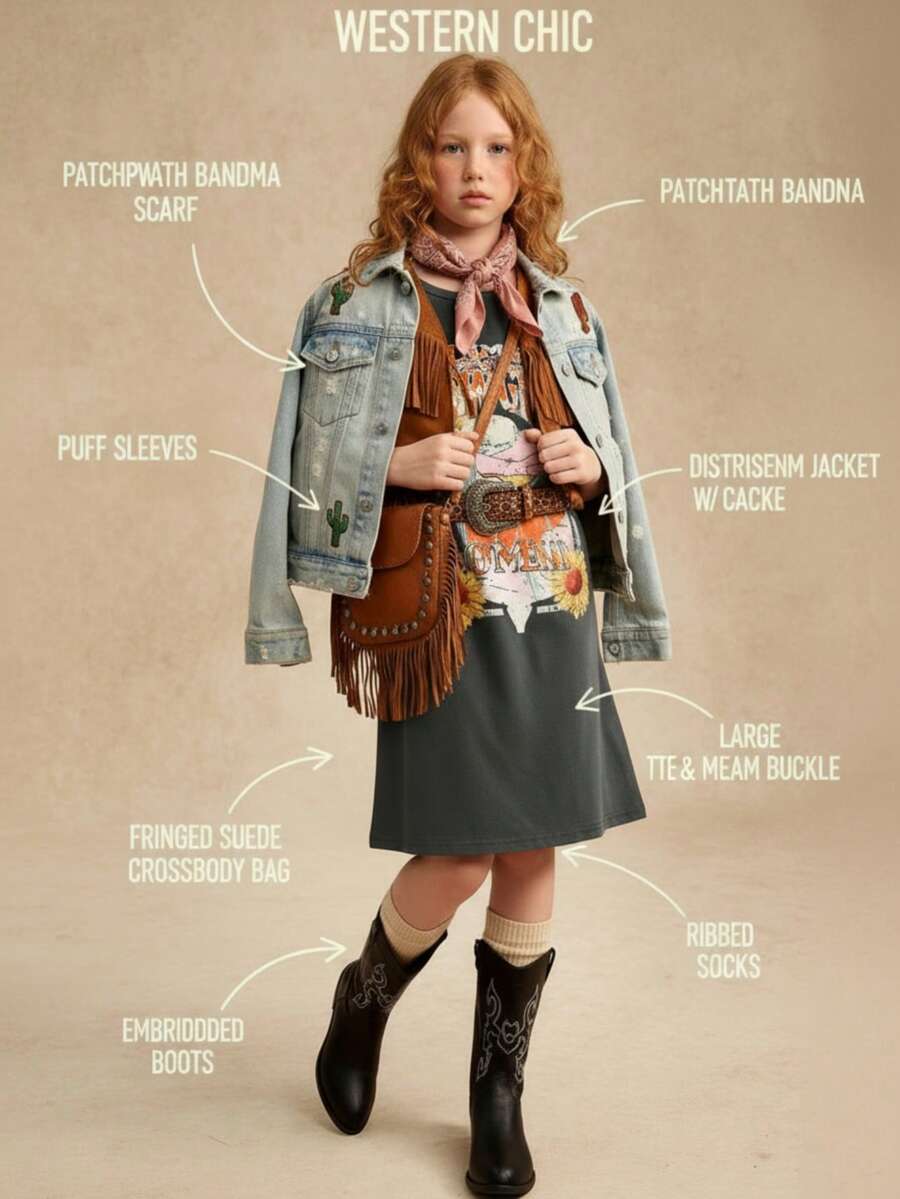 2025 Girls' Spring/Summer New Arrival Simple & Comfortable Gray T-Shirt Dress With Personalized Western Landscape Print, Expressive Style, Suitable For Outdoor Activities And Home Wear