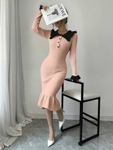 Elenzga Women's Elegant Contrast Color Ruffle Collar Flare Sleeve Fitted Hem Sweater Dress, Autumn/Winter - Pink - View 3