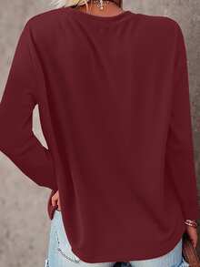 EMERY ROSE 女式休闲茶杯印花圆领加大码长袖T恤秋季图案T恤女式春季上衣 - 酒紅色 - 查看 2