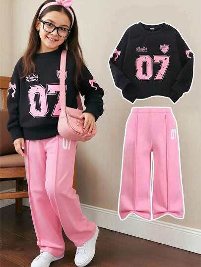 SHEIN Elladie kids 2件套女童黑色韩版时尚休闲字母数字07印花保暖圆领卫衣，长袖上衣，可爱设计，搭配粉色保暖裤，整体学院风，适合日常穿着、休闲、摄影、旅行、圣诞节、春秋冬季。Y2K风格，儿童Kpop风格，快速发货套装，适合8岁女孩。