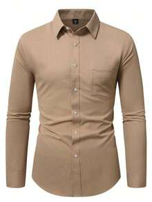 Manfinity Homme Plus Size Men's Solid Color Business Casual Long Sleeve Shirt - Camel - View 3