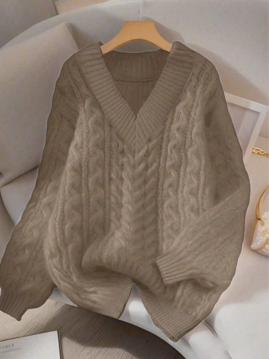Franclia 全新宽松柔软甜美粉色休闲设计 V 领粗针织套头衫，适合女士，百搭 - 棕色 - 查看 1